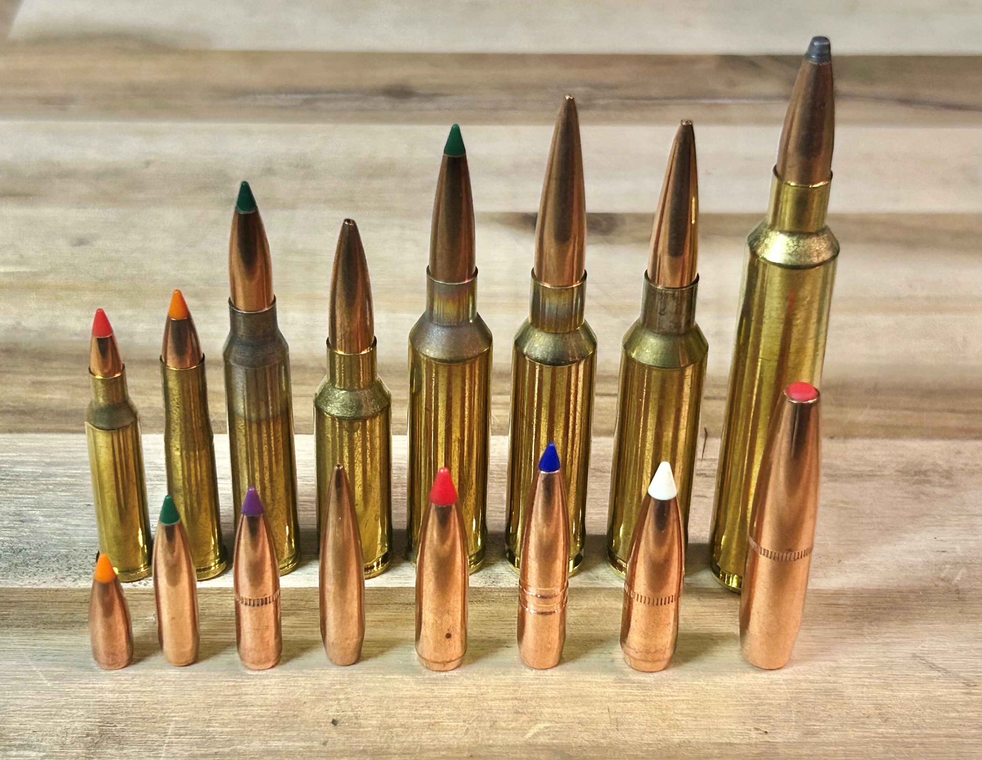 Assorted rifle cartridges and bullets in different calibers and designs