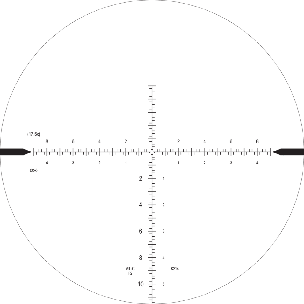 Example of a modern MIL-based riflescope reticle showing subtension marks used for wind holds, measuring shot corrections, and precise aiming.