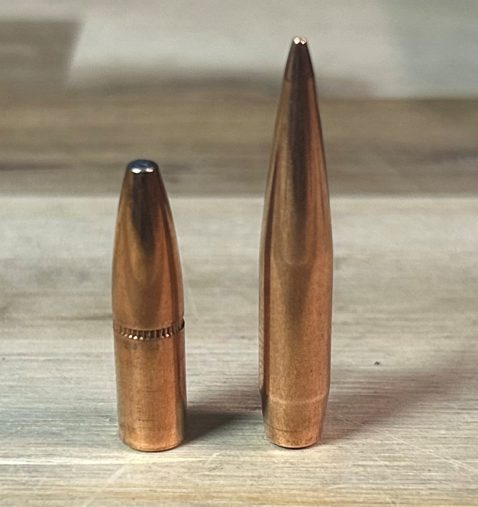 Two rifle bullets with different shapes illustrating ballistic coefficient